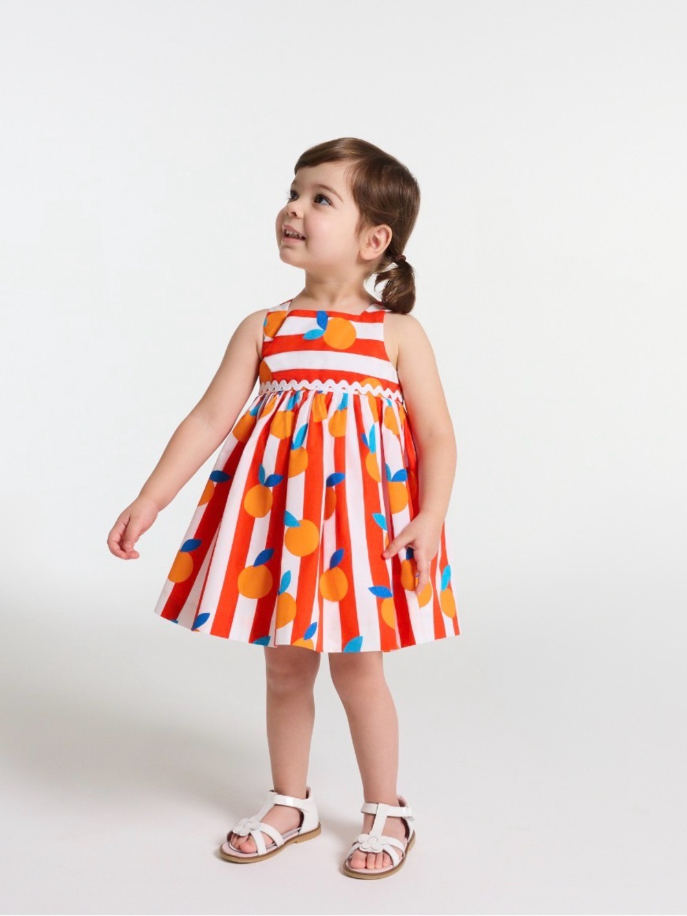 Jacadi Red and Orange Striped Sundress with Blue Leaf Print